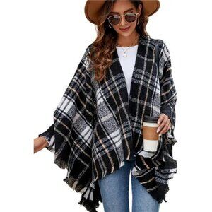 Women Boho Buffalo Plaid Poncho Pashmina Shawl Wrap Cape Sweater Knitting
